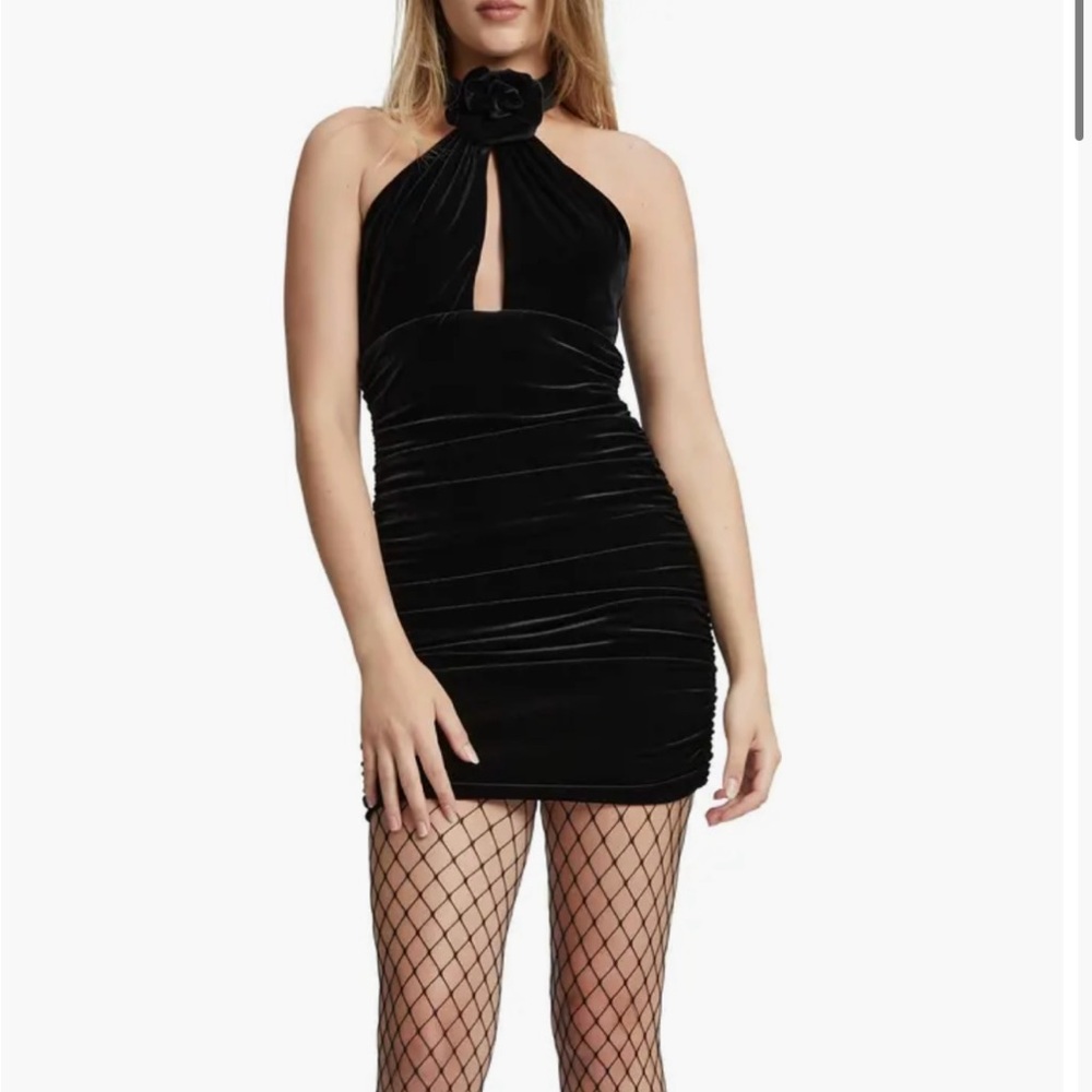 Bardot Black Ruched Asymmetrical Halter Dress